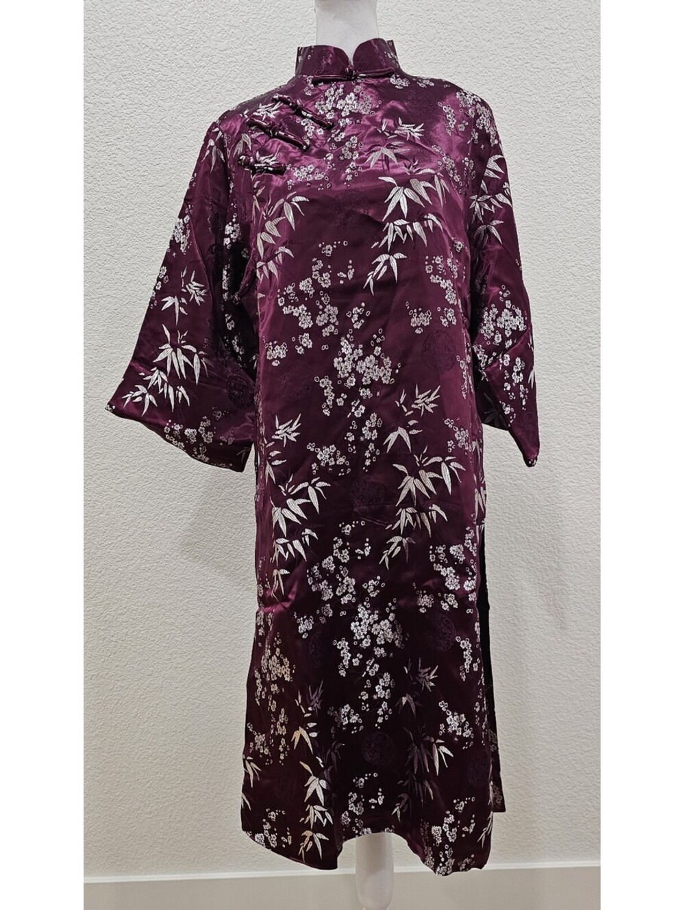 Chinese Cheongsan Dress Jade Purple Floral Traditional Unique Size M